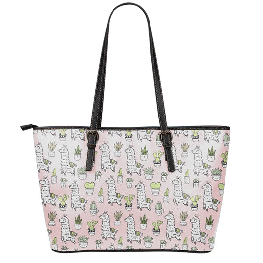 Cartoon Cactus And Llama Pattern Print Leather Tote Bag