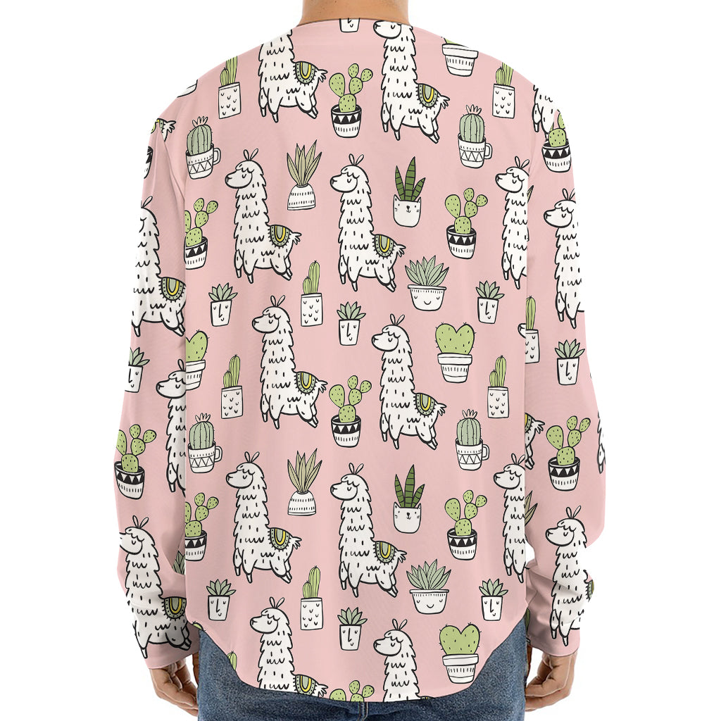 Cartoon Cactus And Llama Pattern Print Long Sleeve Baseball Jersey