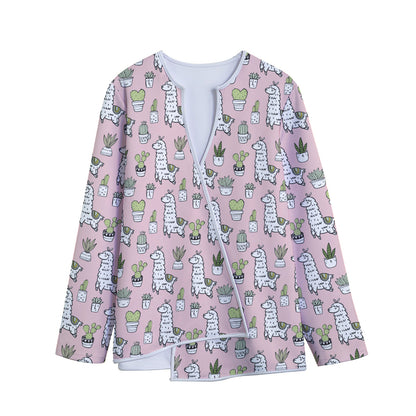 Cartoon Cactus And Llama Pattern Print Long Sleeve Short Coat