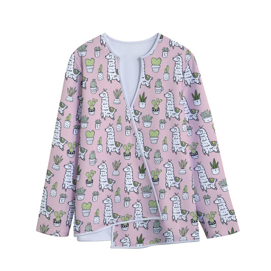 Cartoon Cactus And Llama Pattern Print Long Sleeve Short Coat