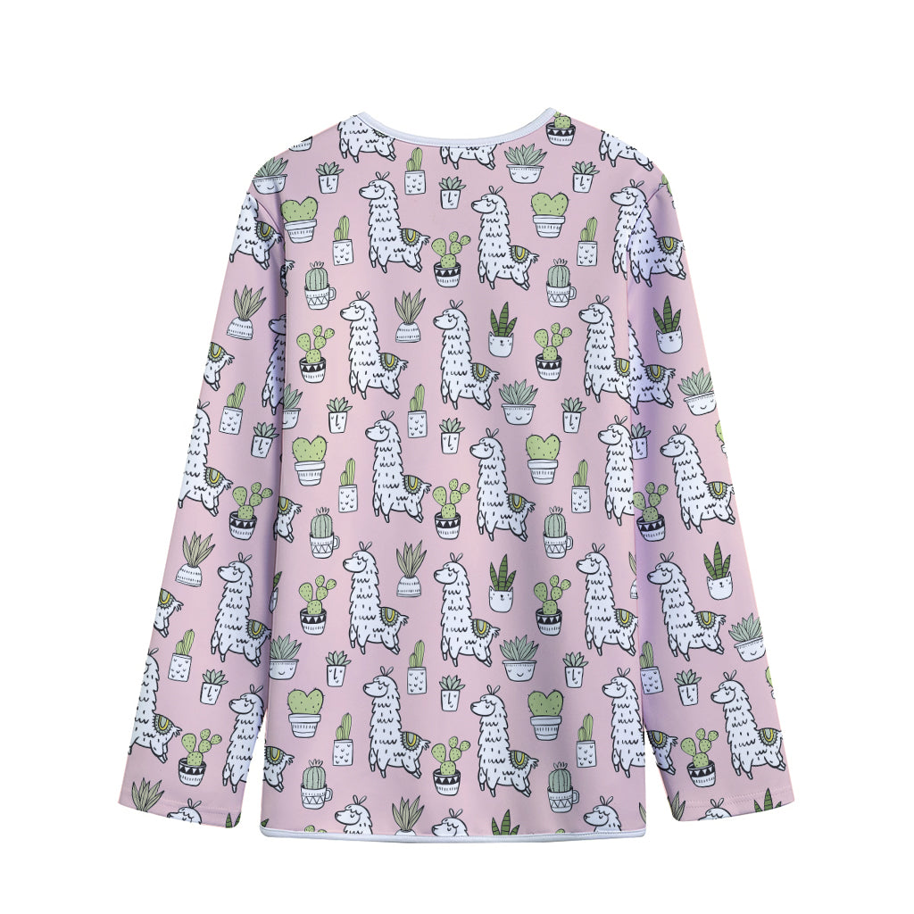 Cartoon Cactus And Llama Pattern Print Long Sleeve Short Coat