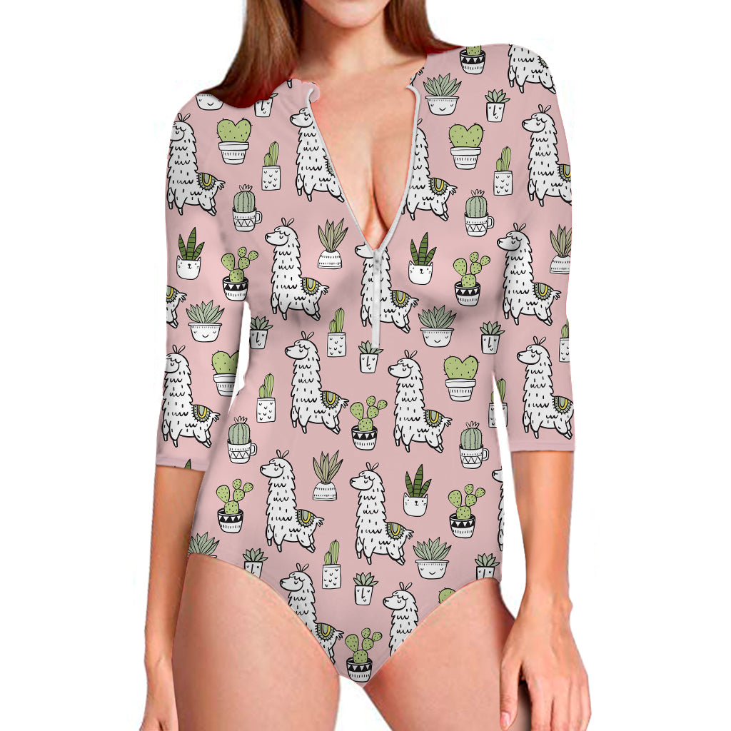 Cartoon Cactus And Llama Pattern Print Long Sleeve Swimsuit