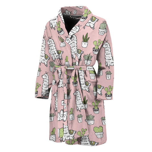 Cartoon Cactus And Llama Pattern Print Men's Bathrobe