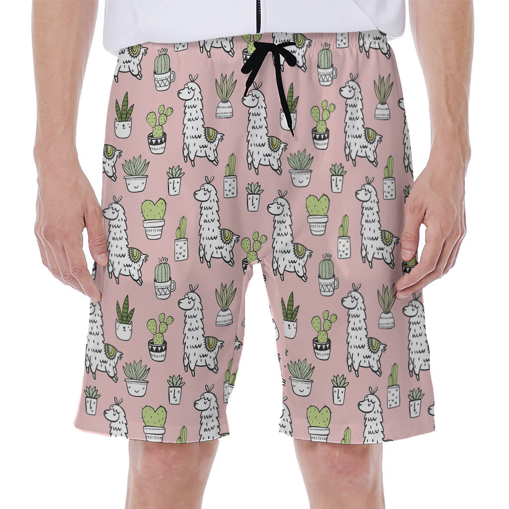 Cartoon Cactus And Llama Pattern Print Men's Beach Shorts