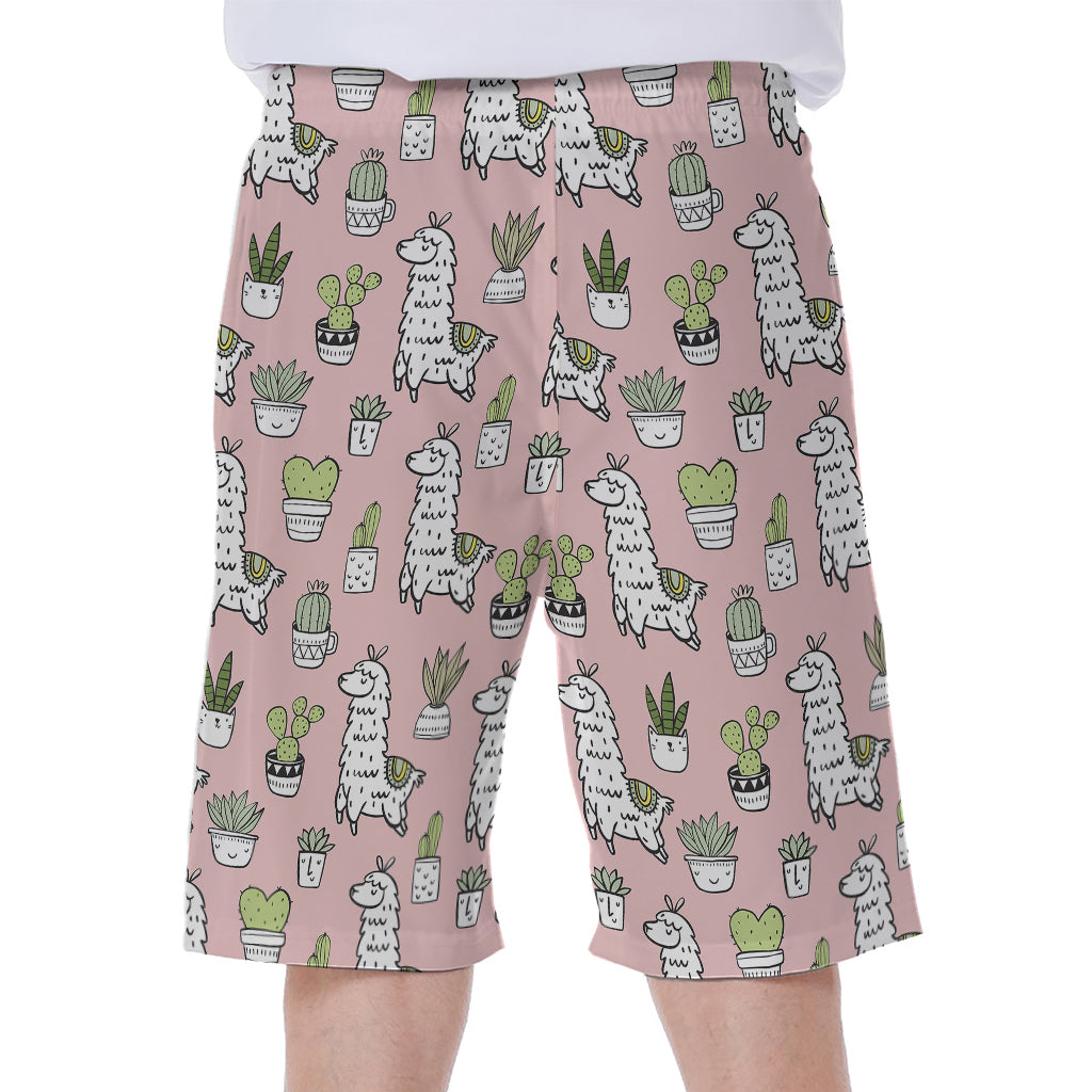 Cartoon Cactus And Llama Pattern Print Men's Beach Shorts