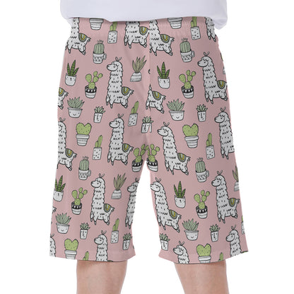 Cartoon Cactus And Llama Pattern Print Men's Beach Shorts