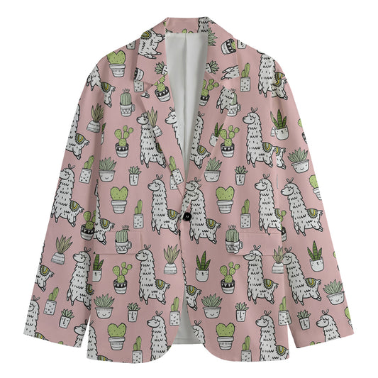 Cartoon Cactus And Llama Pattern Print Men's Blazer