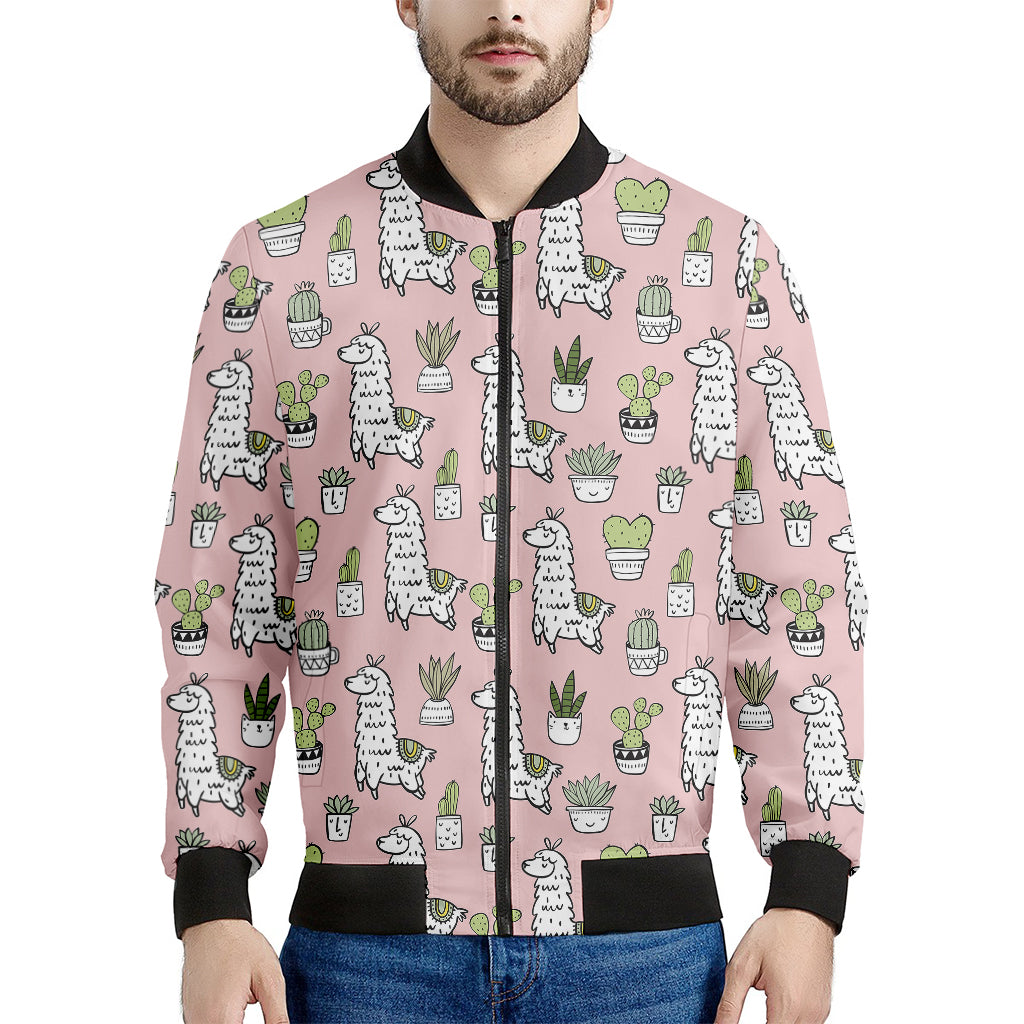 Cartoon Cactus And Llama Pattern Print Men's Bomber Jacket