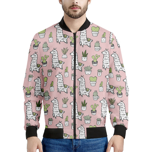 Cartoon Cactus And Llama Pattern Print Men's Bomber Jacket