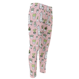 Cartoon Cactus And Llama Pattern Print Men's Compression Pants