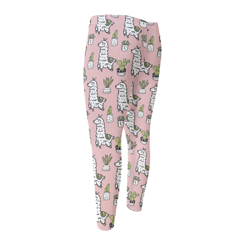 Cartoon Cactus And Llama Pattern Print Men's Compression Pants