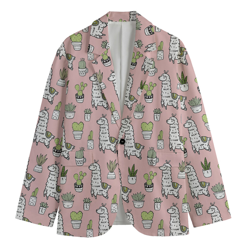 Cartoon Cactus And Llama Pattern Print Men's Cotton Blazer