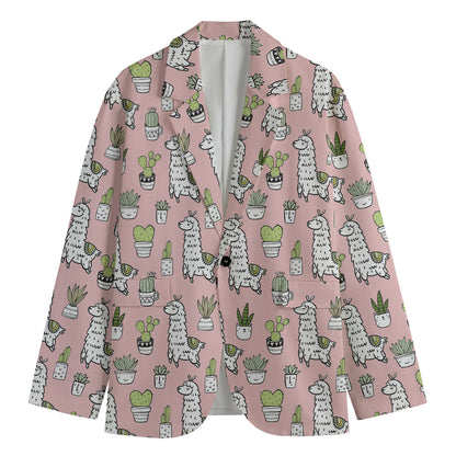 Cartoon Cactus And Llama Pattern Print Men's Cotton Blazer