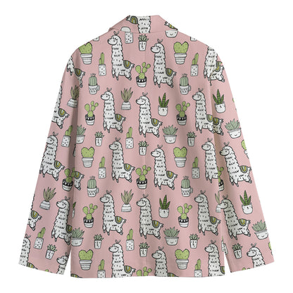 Cartoon Cactus And Llama Pattern Print Men's Cotton Blazer