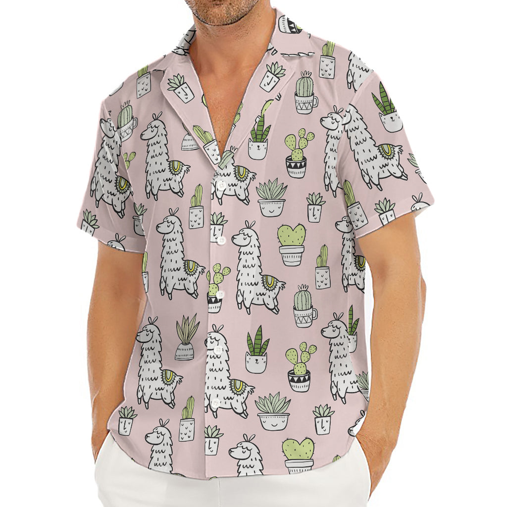 Cartoon Cactus And Llama Pattern Print Men's Deep V-Neck Shirt