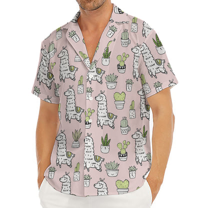 Cartoon Cactus And Llama Pattern Print Men's Deep V-Neck Shirt