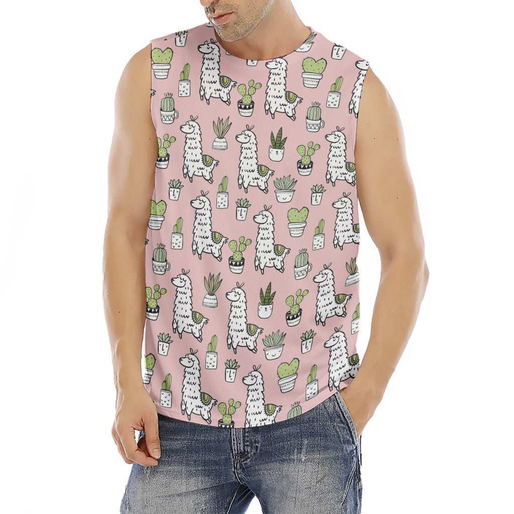 Cartoon Cactus And Llama Pattern Print Men's Fitness Tank Top