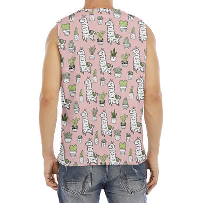 Cartoon Cactus And Llama Pattern Print Men's Fitness Tank Top