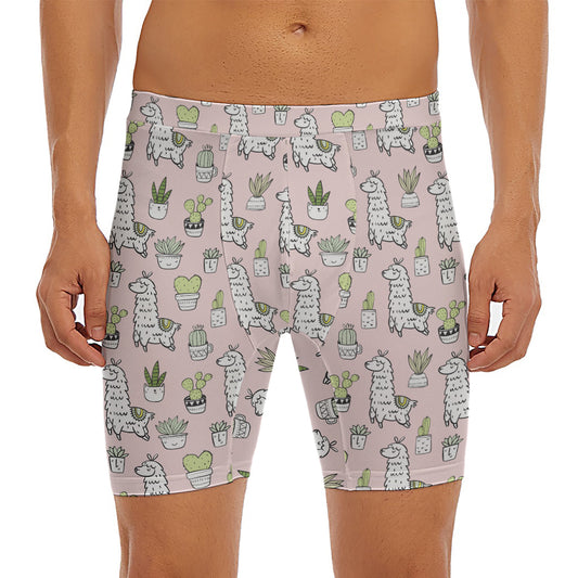 Cartoon Cactus And Llama Pattern Print Men's Long Boxer Briefs