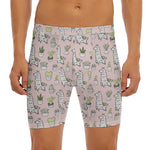 Cartoon Cactus And Llama Pattern Print Men's Long Boxer Briefs