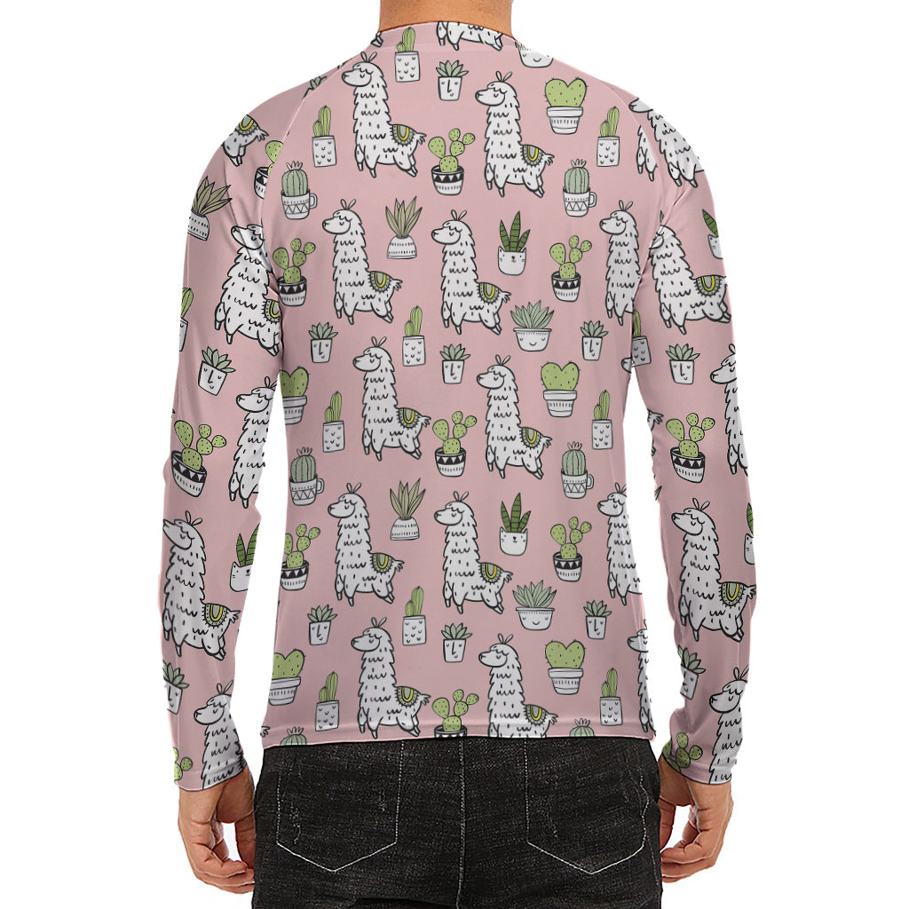 Cartoon Cactus And Llama Pattern Print Men's Long Sleeve Rash Guard