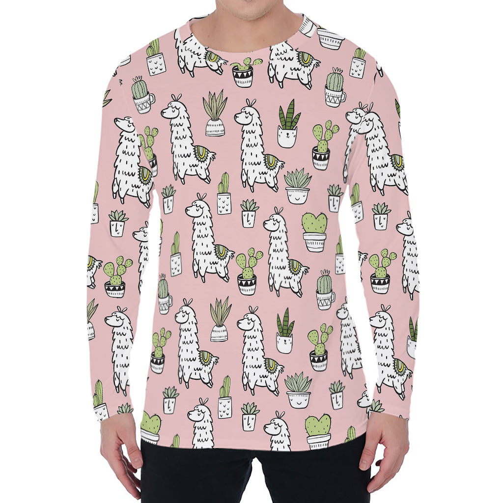 Cartoon Cactus And Llama Pattern Print Men's Long Sleeve T-Shirt