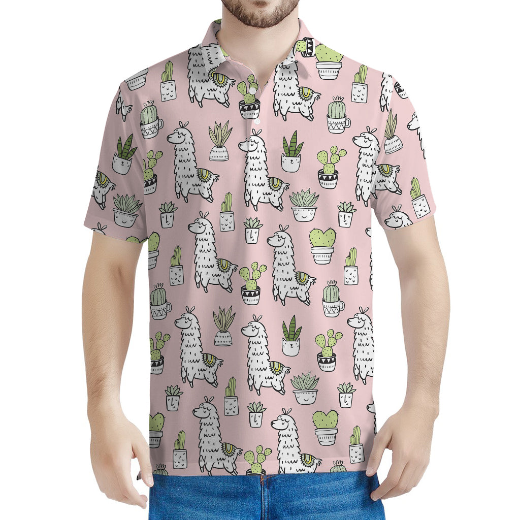 Cartoon Cactus And Llama Pattern Print Men's Polo Shirt