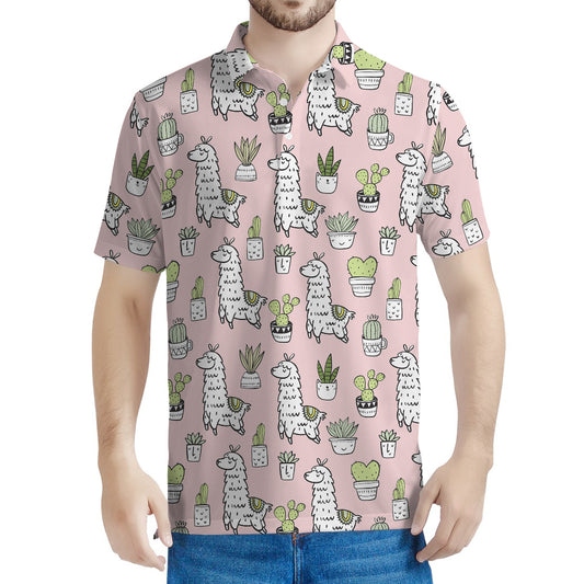 Cartoon Cactus And Llama Pattern Print Men's Polo Shirt