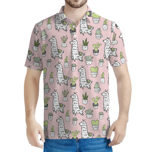 Cartoon Cactus And Llama Pattern Print Men's Polo Shirt