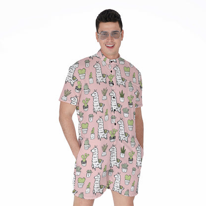 Cartoon Cactus And Llama Pattern Print Men's Rompers