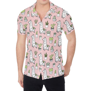 Cartoon Cactus And Llama Pattern Print Men's Shirt