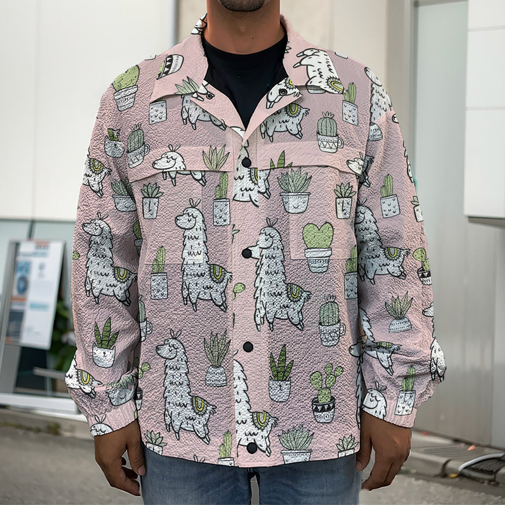 Cartoon Cactus And Llama Pattern Print Men's Shirt Jacket