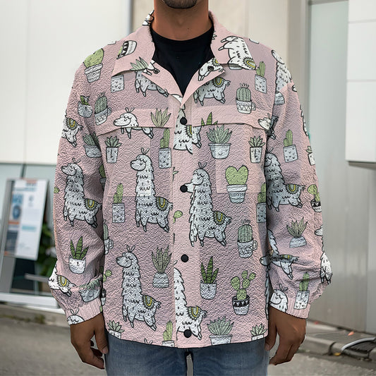 Cartoon Cactus And Llama Pattern Print Men's Shirt Jacket