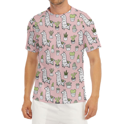 Cartoon Cactus And Llama Pattern Print Men's Short Sleeve Rash Guard