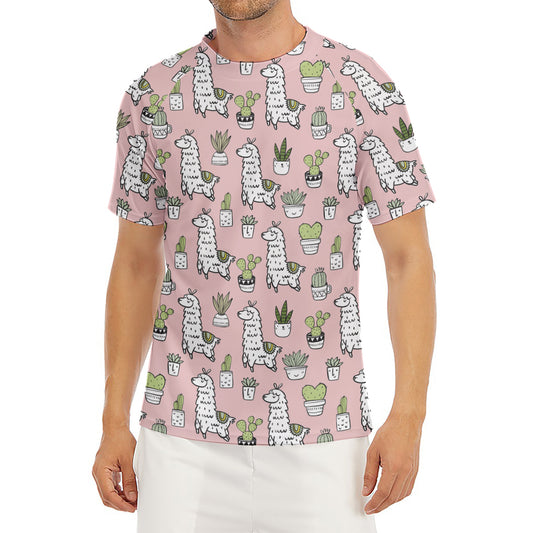 Cartoon Cactus And Llama Pattern Print Men's Short Sleeve Rash Guard
