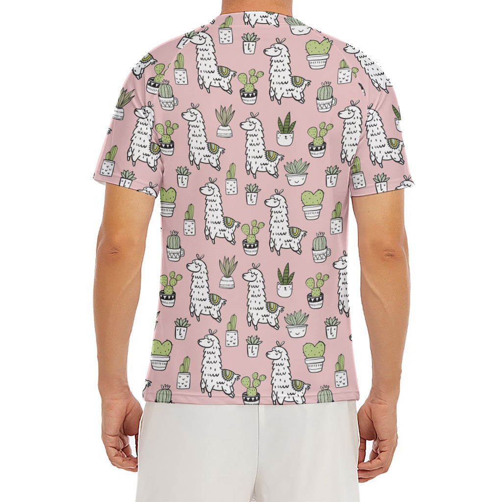 Cartoon Cactus And Llama Pattern Print Men's Short Sleeve Rash Guard