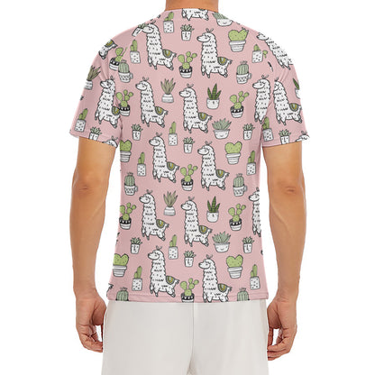 Cartoon Cactus And Llama Pattern Print Men's Short Sleeve Rash Guard