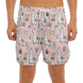 Cartoon Cactus And Llama Pattern Print Men's Split Running Shorts