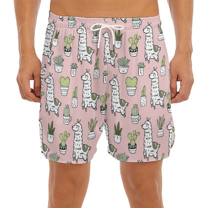 Cartoon Cactus And Llama Pattern Print Men's Split Running Shorts