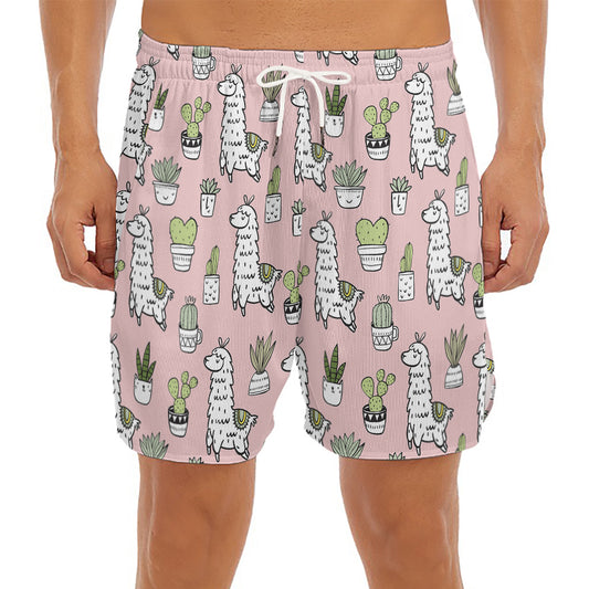 Cartoon Cactus And Llama Pattern Print Men's Split Running Shorts
