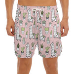 Cartoon Cactus And Llama Pattern Print Men's Split Running Shorts