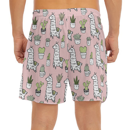 Cartoon Cactus And Llama Pattern Print Men's Split Running Shorts