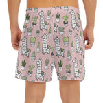 Cartoon Cactus And Llama Pattern Print Men's Split Running Shorts