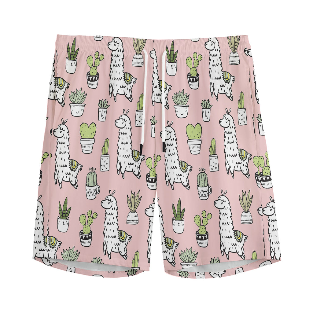 Cartoon Cactus And Llama Pattern Print Men's Sports Shorts