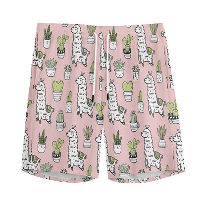 Cartoon Cactus And Llama Pattern Print Men's Sports Shorts