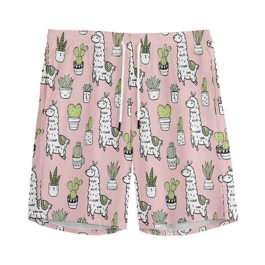 Cartoon Cactus And Llama Pattern Print Men's Sports Shorts