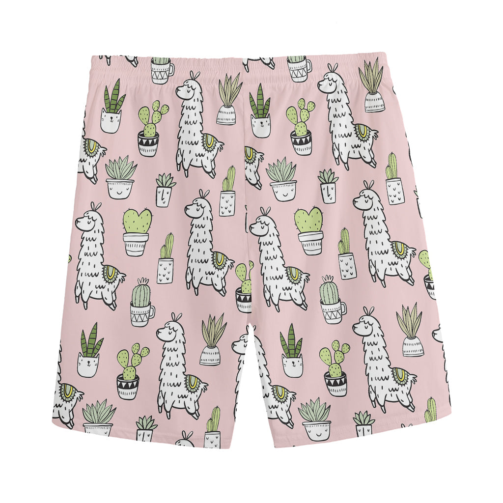 Cartoon Cactus And Llama Pattern Print Men's Sports Shorts