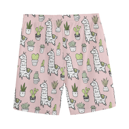 Cartoon Cactus And Llama Pattern Print Men's Sports Shorts