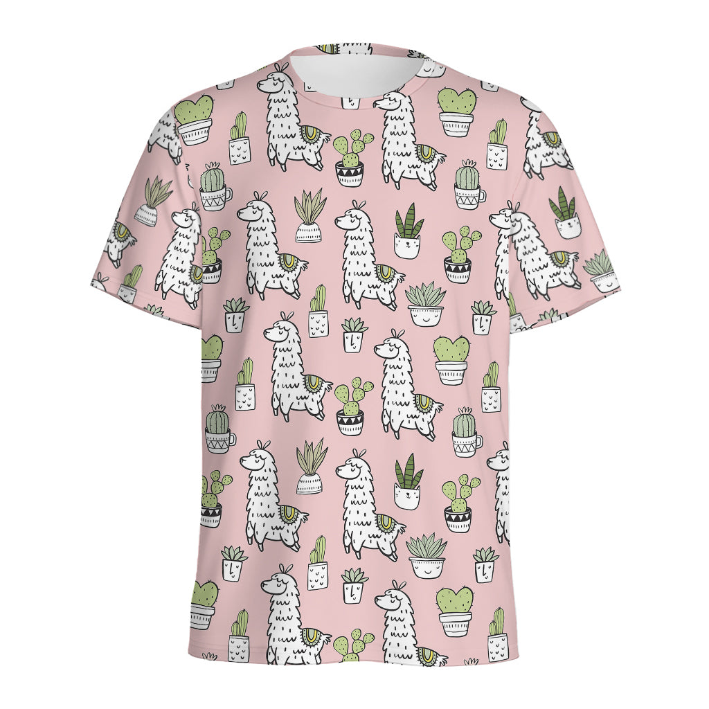 Cartoon Cactus And Llama Pattern Print Men's Sports T-Shirt