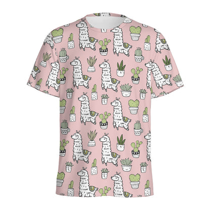 Cartoon Cactus And Llama Pattern Print Men's Sports T-Shirt